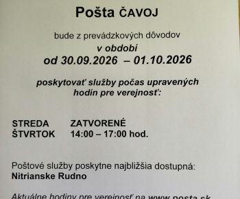 Aktuality / Obmedzenia otváracích hodín pošta Čavoj - foto