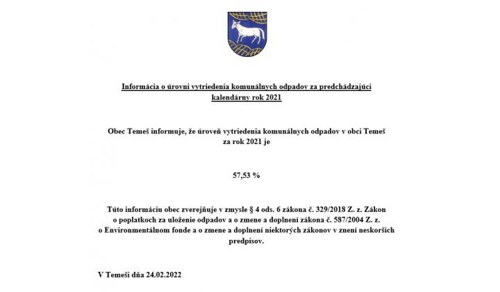 Úroveň vytriedenia komunálnych odpadov za rok 2021